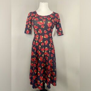 LuLaRoe Nicole Dress Black with Red Florals A-Line